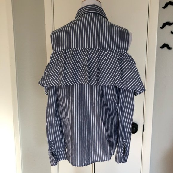 Harlowe & Graham Blue White Striped Cold Shoulder Long Sleeve Button Down Blouse - Picture 6 of 9